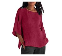 Magliette da donna con maniche a 3/4 maglietta da donna girocollo in lino vestibilità ampia lunga tinta unita autunno estate t-shirt 2024 Y2K, O-131 Vino Borgogna, L