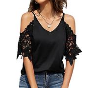 Magliette da donna con spalle scoperte Magliette con scollo a V Camicette a maniche corte in pizzo tagliate Camicette eleganti T-Shirt sexy in pizzo all'uncinetto con spalle scoperte maniche corte