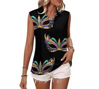 Magliette da Golf Senza Maniche da Donna con Scollo a V e Colletto, con Motivo Mardi Gras e Maschera di Carnevale.