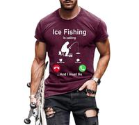 Magliette da pesca per gli uomini, maglietta grafica con invito alla pesca con scollo rotondo | Vestiti estivi superiori di base regolari, Rosso vinaccia, XXL