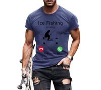 Magliette da pesca per gli uomini, maglietta grafica con invito alla pesca con scollo rotondo | Vestiti estivi superiori di base regolari, Blu lago, 4XL