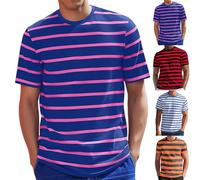 Magliette da uomo a maniche corte, camicetta a righe, t-shirt girocollo a maniche corte con striscia orizzontale, camicetta alla moda, top classici di base, t-shirt basic, Rosso, M