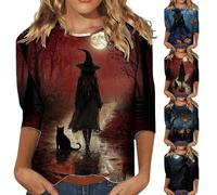 Magliette di Halloween da donna divertente strega top plus size costumi di Halloween camicie con maniche a 3/4 camicetta spaventosa abiti da festival, Rosso, M