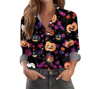 Magliette di Halloween Donna Button Up Camicia Pipistrello Fantasma Zucca Ragni Cappello Strega Camicie a maniche lunghe Vacanza Top carino 2025 Costumi da donna, Arancione, M