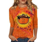 Magliette di Halloween Donne 3/4 Camicie Tie Dye Zucca Spice Girocollo Camicia 2025 Costumi da donna, Giallo, M