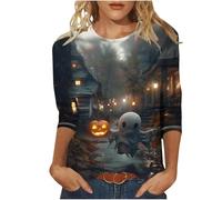 Magliette di Halloween per le donne classiche leggere tunica top fantasma stampato plus size viaggio strega maniche corte t-shirt all'aperto signore Activewear, Nero , L