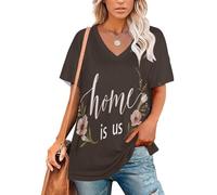Magliette Donna Estive Casa Siamo Noi T-Shirt Manica Corta Stile Semplice E Accogliente Top Tee Basic Scollo a V Tee Maglietta Casual Ampia Maglia Morbido Traspirante, Marrone