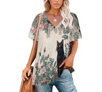 Magliette Donna Estive Rosa Gatta Nera Romantica T-Shirt Manica Corta Stile Francese retrò Top Basic Scollo a V Tee Maglietta Casual Camicia Elegante S-5XL