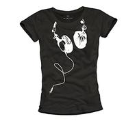 Magliette Donna Manica Corta - T-Shirt con Stampa Cuffie bluethooth Nera L