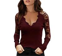 Magliette e Camicette Donna Moda Casual Pizzo Maglia Cuciture con Scollo a V Manica Lunga con Cerniera