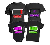 Magliette Famiglia - Nomi Personalizzabili - Carica - Batteria - Low Battery - Genitori Figli - Madre - Padre - Figlio - Figlia - T-Shirt Coordinate