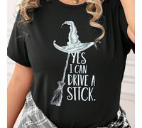 Magliette oversize con grafica divertente, disegno di una scopa da strega e il testo "Sì, so guidare uno stick", manica corta, collo rotondo, Maglietta casual con stampa grafica 0XL,1XL,2XL,3XL,4XLAni