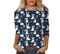 Magliette pasquali per le donne Felice Pasqua Grafica Boho Donna Top Basic Girocollo Manica 3/4 Magliette Abbigliamento Donna Trendy 2026 Vestiti, Blu scuro, XXL