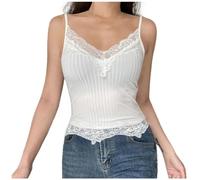 Magliette Rambo Canotta Corta con Scollo a V Profondo a Costine con Finiture in Pizzo per Canotta Sexy Senza Maniche Slim Fit da Donna Vestito Estate Cotone (White, L)