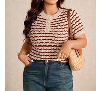 Maglioncino corto estivo oversize da donna, in stile francese elegante, con trama a conchiglia traforata e traspirante, casual 0XL,1XL,2XL,3XLGeometrico,stampa dappertuttoMaglieria