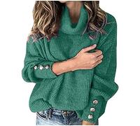 Maglione a collo alto, da donna, in cotone, con collo alto, maglione invernale a maglia grossa, con bottoni, maglione invernale, colletto rovesciato, maglione termico elegante, verde, xxl
