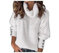 Maglione a collo alto, da donna, in cotone, con collo alto, maglione invernale a maglia grossa, con bottoni, maglione invernale, colletto rovesciato, maglione termico elegante, bianco, L