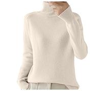 Maglione a collo alto da donna, maglione a maglia grossa, morbido e confortevole, alla moda, slim e largo, da donna, a maniche lunghe, tinta unita, in cashmere, Beige, M