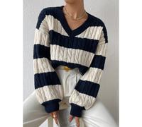 Maglione a maglia a due toni con spalle a caduta, maniche lunghe, pullover lavorato a maglia per l'autunno e l'inverno L,M,S,XL,XS,XXSBlocchi di colore,A strisceTessuto