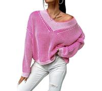 Maglione A Maniche Lunghe con Scollo A V A Righe A Blocchi di Colore Larghi da Donna Autunno E Inverno retrò Casual Confortevole Chic Versatile Moda Pullover (Rosa,M)