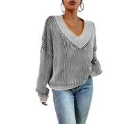 Maglione A Maniche Lunghe con Scollo A V A Righe A Blocchi di Colore Larghi da Donna Autunno E Inverno retrò Casual Confortevole Chic Versatile Moda Pullover (Nero,L)