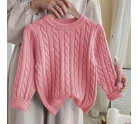 Maglione a motivi per giovani ragazze, realizzato con una tecnica di lavorazione a maglia fine che mostra un design a tessitura unica. Il colore predominante è un vivace arancione, accattivante e pien