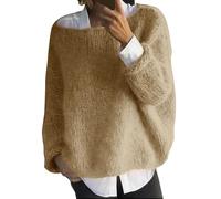 Maglione a Pipistrello da Donna a Maglia a Trecce, Maniche Lunghe, Basic in Peluche Con Spalle Scoperte, Collo a Barca, Cachi, XL