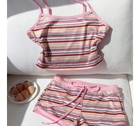 Maglione a righe rosa e bianco per donne e ragazze,Set estivo carino da 2 pezzi,Outfit per vacanze quotidiane,Costume da bagno da spiaggia,Top e pantaloncini Y2k per taglie piccole L,M,S,XSA strisceTe