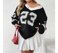 Maglione ampio di stile casual per donna, scollo a V, con lettera di football e jacquard, adatto per l'estate e l'autunno, in stile coordinato per la coppia US22,US24/26,US28/30,US32/34Blocchi di colo