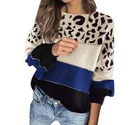 Maglione Caldo Donna Invernale Oversize Maglioni Invernali Eleganti Colorblock Leopardata Maglioncino Autunnale Ampia Maglie Elegante Autunno Maglia Manica Lunga Pullover Girocollo Casual (Blue, XXL)