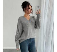 Maglione casual ampio a maniche lunghe con scollo a V e motivo 3D a rose vuote, grigio, adatto per autunno/inverno L,M,SColore unicoMaglia Pettinata