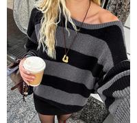 Maglione casual ampio a maniche lunghe con spalle scoperte e righe, adatto per autunno e inverno. Maglione casual a maniche lunghe e spalle scoperte, multicolore, ampio, adatto per la fine dell'autunn