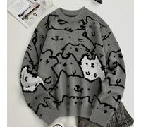 Maglione casual ampio da uomo con scollo a equipaggio e stampa a forma di cuore con gatto, maglia di stile fashion dark academia, per autunno inverno, top a maniche lunghe L,M,S,XLMaglieria