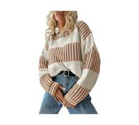 Maglione casual da donna a righe patchwork Drop Shoulder Loose Sweater, oversized Long Sleeve Crew Neck Knit Jumper, Soft Warm Trendy Pullover Top for Women Daily Wear Holiday, cachi, M