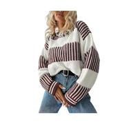 Maglione casual da donna a righe patchwork Drop Shoulder Loose Sweater, oversized Long Sleeve Crew Neck Knit Jumper, Soft Warm Trendy Pullover Top for Women Daily Wear Holiday, rosso scuro, XL