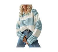 Maglione casual da donna a righe patchwork Drop Shoulder Loose Sweater, oversized Long Sleeve Crew Neck Knit Jumper, Soft Warm Trendy Pullover Top for Women Daily Wear Holiday, azzurro, S