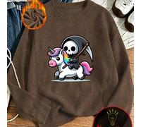 Maglione casual versatile in maglia per donna taglie forti, stampa morte e unicorno arcobaleno, collo rotondo maniche lunghe, autunno e inverno, top da donna autunnale 0XL,1XL,2XL,3XL,4XLHalloweenTess
