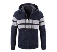Maglione Cavo di Cotone Giacca Maglione invernale per gli Uomini Moda Manica Lunga Più Spesso Velluto Maglione con Cappuccio a righe Cardigan Giacca, Marina, XXL