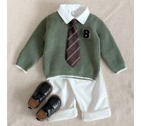 Maglione con patch ricamate in stile universitario per bambino, colore verde, abbigliamento elegante per bambino, outfit per il compleanno del bambino, outfit da gentiluomo per bambino, abbigliamento 