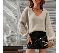 Maglione con scollo a V e spalle cadenti, maglione casual a costine a maniche lunghe con vestibilità regular da donna, colore cachi, maglioni con spalle cadenti per la tarda stagione autunnale L,M,S,X