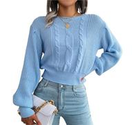 Maglione Corto da Donna Lavorato a Maglia a trecce con Ali di Pipistrello Casual Girocollo Corto a Maniche Lunghe Pullover(Blue,L)