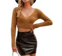 Maglione Corto da Donna Sexy con Scollo A V, Top Pullover Slim Fit Avvolgente in Maglia, Maglione da Donna in Soffice Mohair, Maglia Invernale Elegante E Morbida, Marrone, M