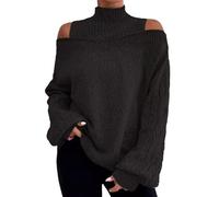 Maglione da donna 2024 e inverno con spalle scoperte Pullover da donna Mezzo dolcevita manica otto maglione dimagrante allentato maglione da donna maglione lavorato a maglia, Nero , XL