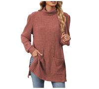 Maglione da donna a collo alto con maniche lunghe tasche divise per un'eleganza elegante, marrone, L