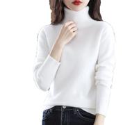 Maglione da donna a collo alto in cashmere visone tinta unita pullover lavorato a maglia sottile morbido caldo maglione a maniche lunghe, bianco, XL