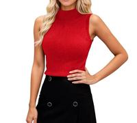 Maglione da donna a collo alto, senza maniche, con brillantini, classico, a maglia, aderente, alla moda, per il tempo libero, viaggi, vacanze, lavoro, feste, abbigliamento quotidiano, O rosso., Taglia