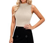 Maglione da donna a collo alto, senza maniche, con brillantini, classico, a maglia, aderente, alla moda, per il tempo libero, viaggi, vacanze, lavoro, feste, abbigliamento quotidiano, O beige., Taglia