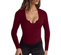 Maglione da donna a coste, slim fit, a maniche lunghe, basic t-shirt, elegante, sexy, scollo a V, scollo a V, scollo a V, profondo scollo a V, stile casual, O rosso., S