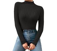 Maglione da donna a maniche lunghe attillato, maglione invernale a maniche lunghe, elegante, in tinta unita, con colletto alto, caldo, lavorato a maglia, Nero , Taglia unica