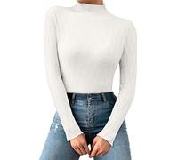 Maglione da donna a maniche lunghe attillato, maglione invernale a maniche lunghe, elegante, in tinta unita, con colletto alto, caldo, lavorato a maglia, bianco, Taglia unica